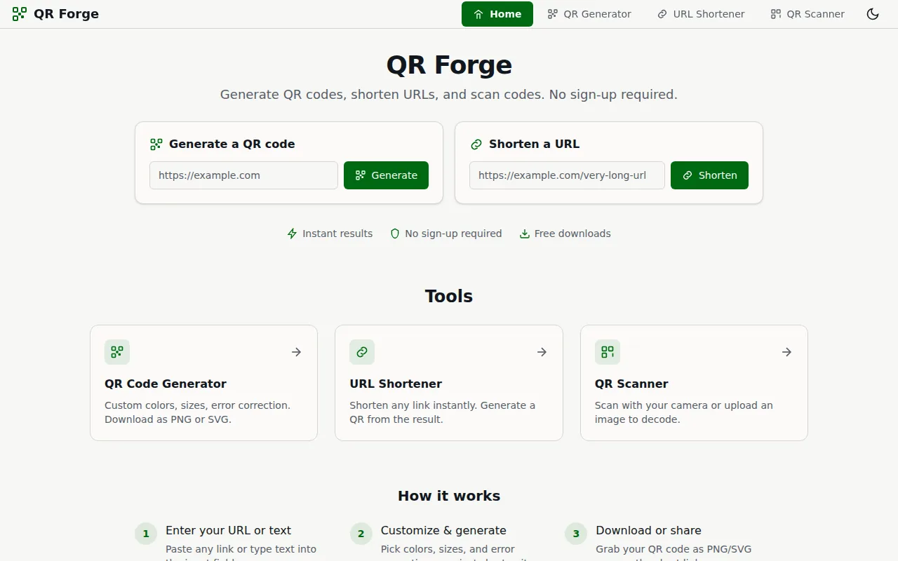 Screenshot of the QR Forge website